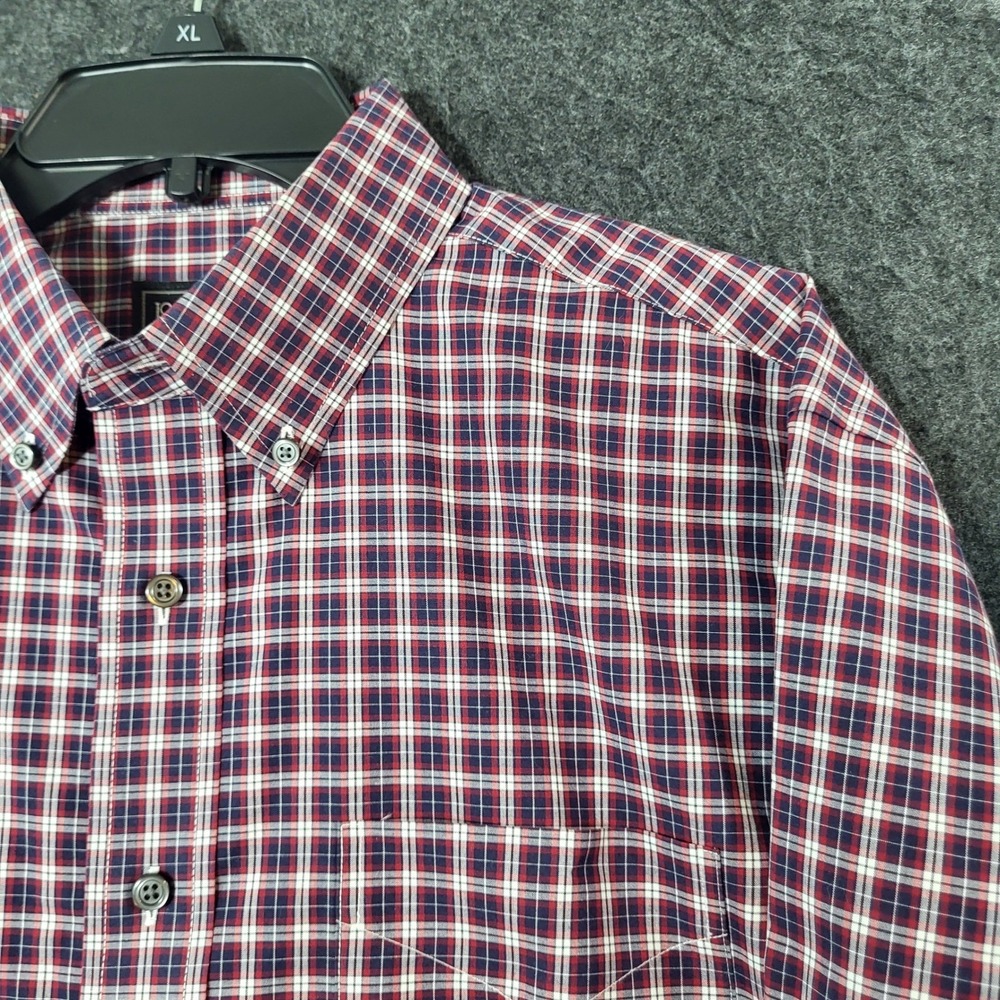 Jos A Bank Travelers Plaid Button Down Shirt Red Navy Blue Long Sleeve Large